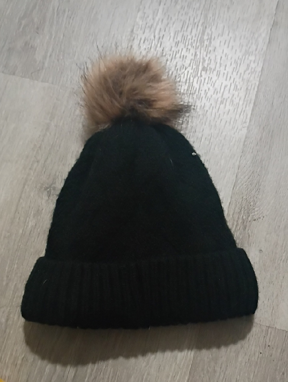 Black Knit Beanie with Brown Faux Fur Pom